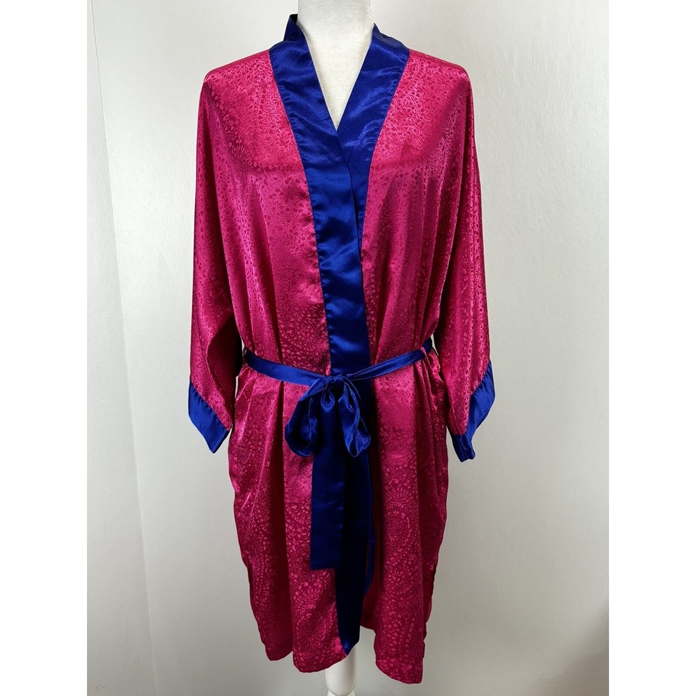 Vtg Victoria Secret satin Robe Kimono One Size Pink Blue Gold Label Sleepwear
